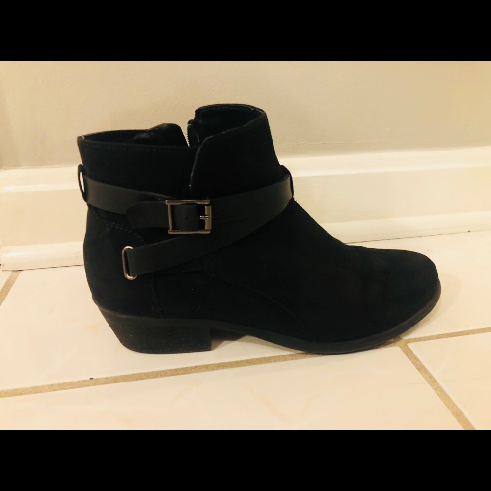 Black suede booties with buckle